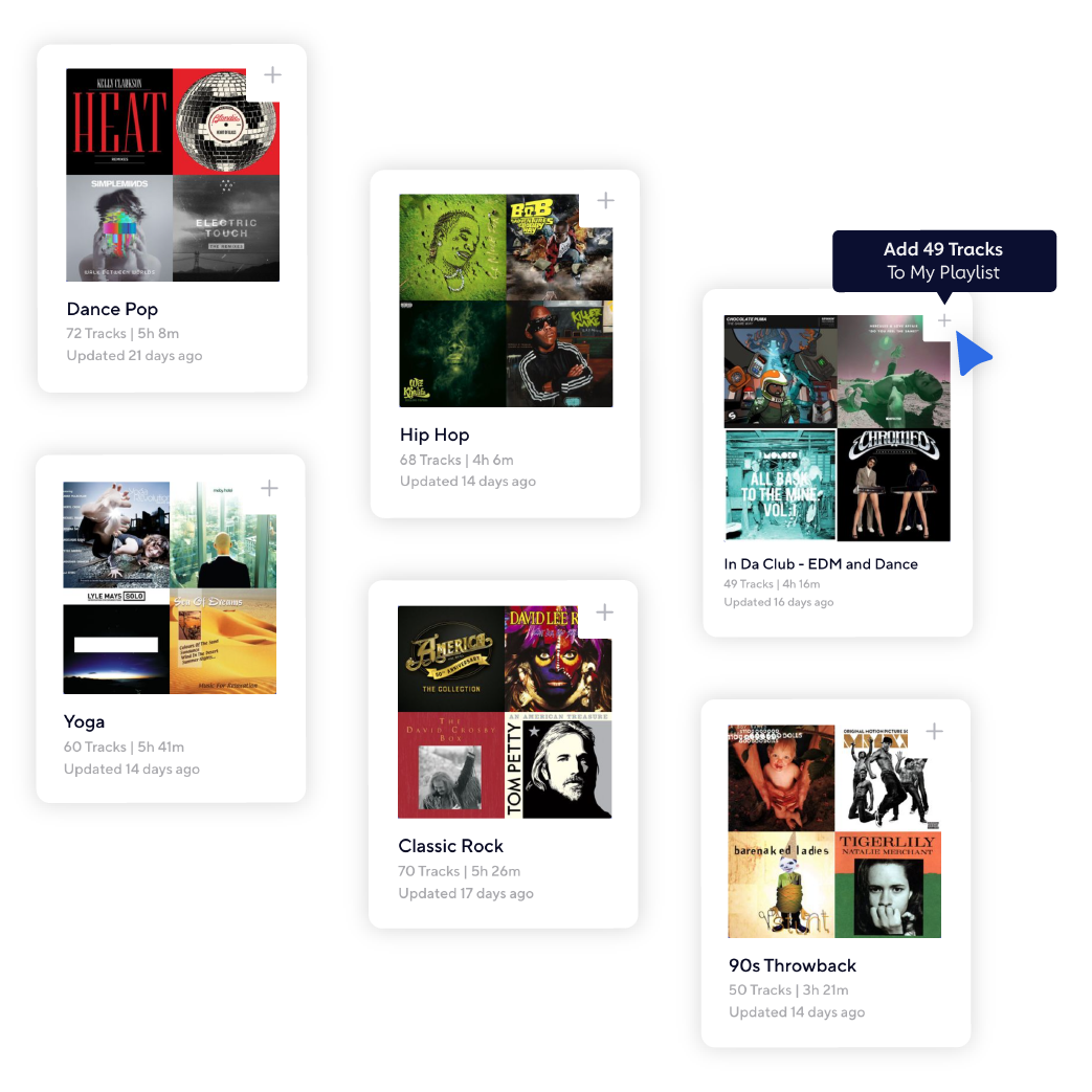 Pre-Curated music collections for use in apps include dance pop, hip hop, edm, 90s throwback, classic rock, yoga music and more.
