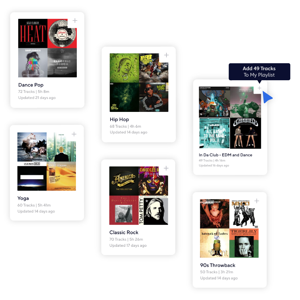 Pre-Curated music collections for use in apps include dance pop, hip hop, edm, 90s throwback, classic rock, yoga music and more.